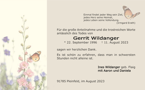Trauerdanksagung, doppelte Karte, mit Bild einer Blumenwiese und Schmetteling , mit fotorealistischem Druck und Hülle mit Seidenfutter